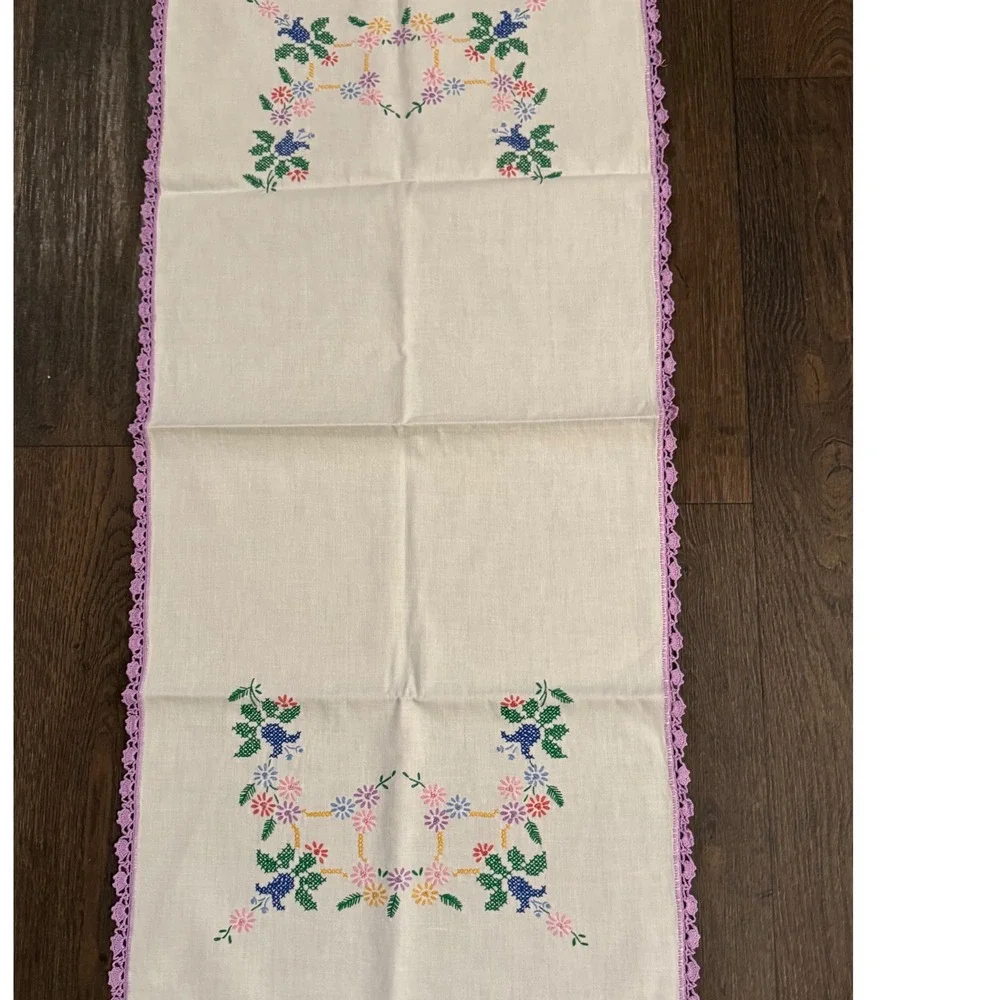 Vintage 42 X 19 Embroidered Floral Cross Stitch Table Runner Purple Crochet Trim